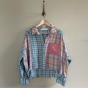 Plaid Patchwork Button-Up Shirt- L